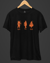 Black t-shirt with orange graphics and text on a dark background